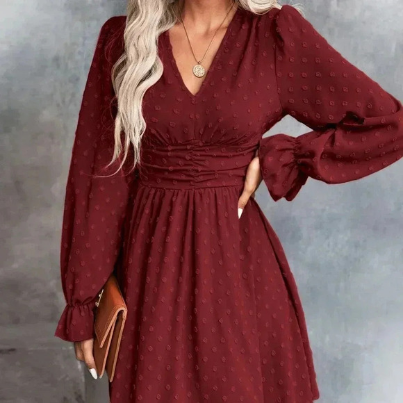 burgundy Boho Women's Swiss Dot Ruched Waist Flounce Sleeve Dress - Picture 3 of 6